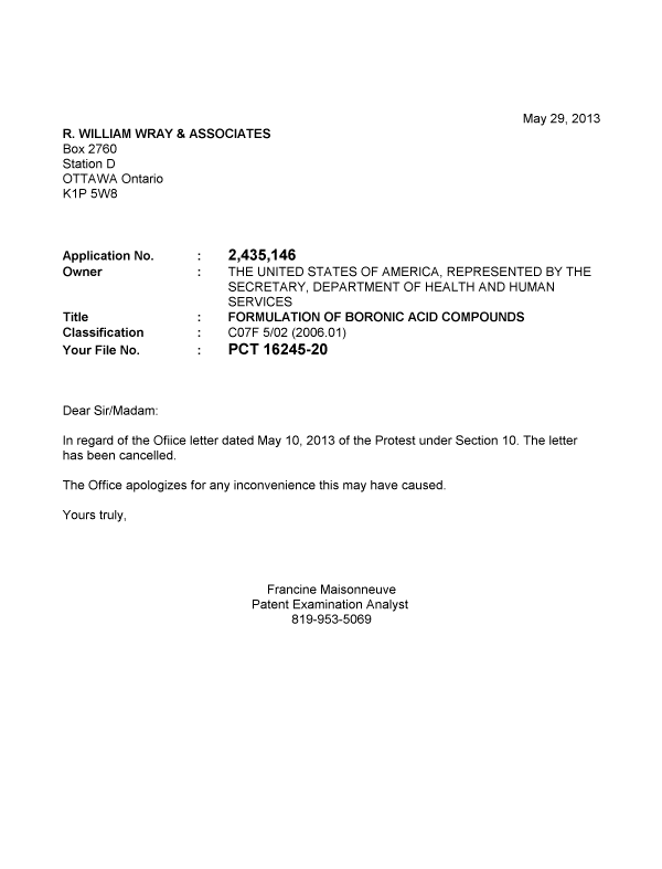 Document de brevet canadien 2435146. Correspondance 20130529. Image 1 de 1