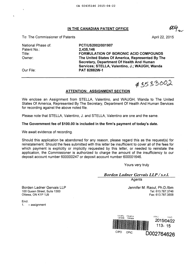 Canadian Patent Document 2435146. Assignment 20150422. Image 1 of 5