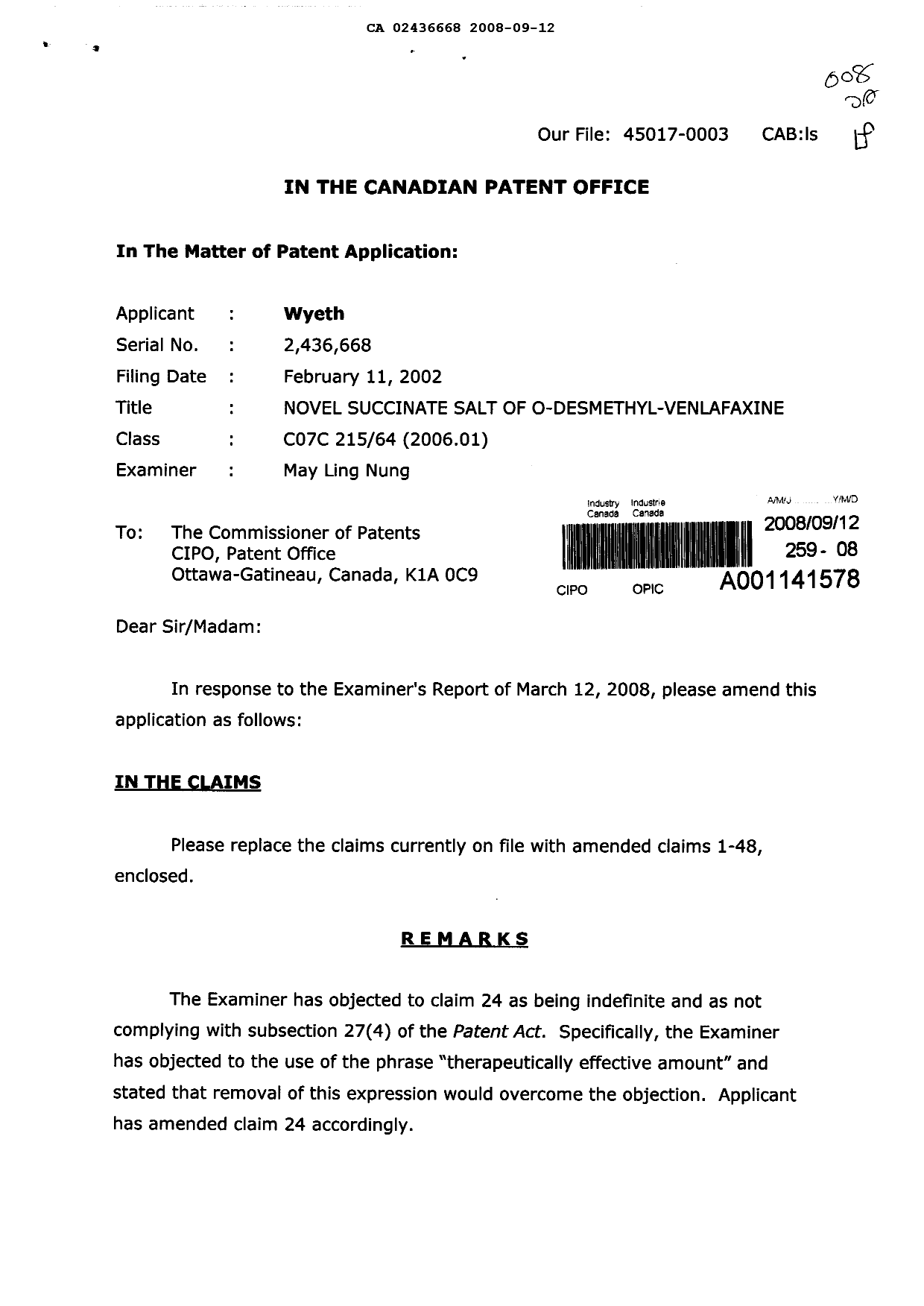 Canadian Patent Document 2436668. Prosecution-Amendment 20071212. Image 1 of 11