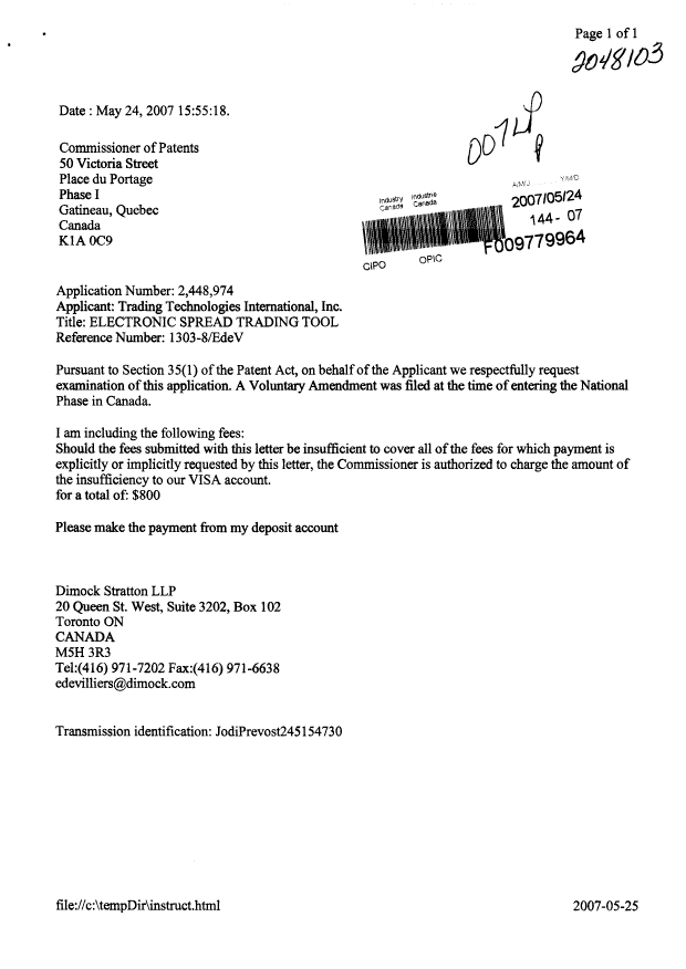 Canadian Patent Document 2448974. Prosecution-Amendment 20070524. Image 1 of 1
