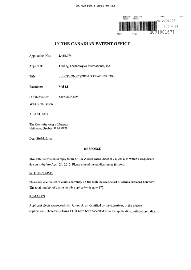 Canadian Patent Document 2448974. Prosecution-Amendment 20120423. Image 1 of 36