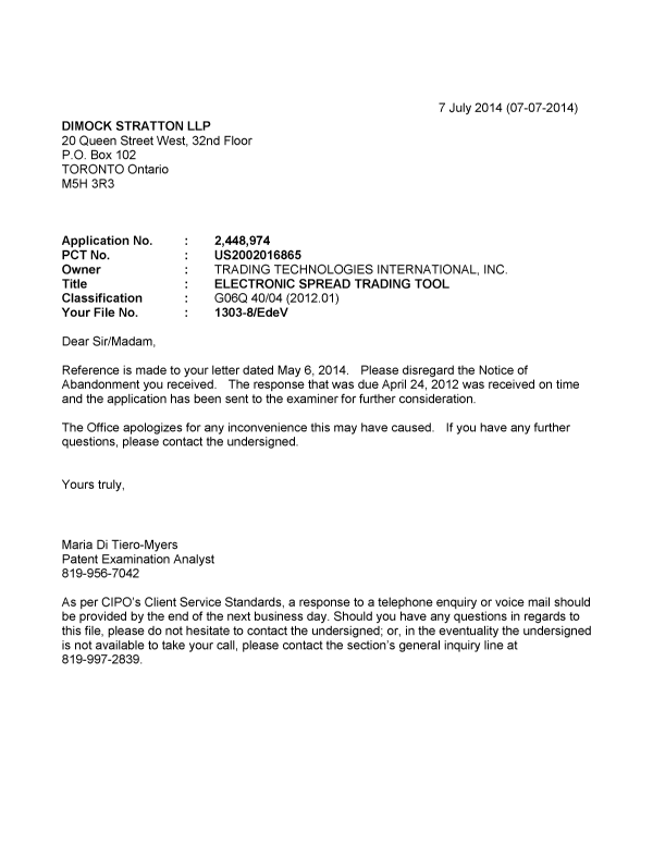 Canadian Patent Document 2448974. Correspondence 20140707. Image 1 of 1