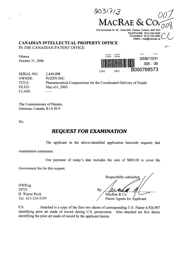 Document de brevet canadien 2449098. Poursuite-Amendment 20061031. Image 1 de 1