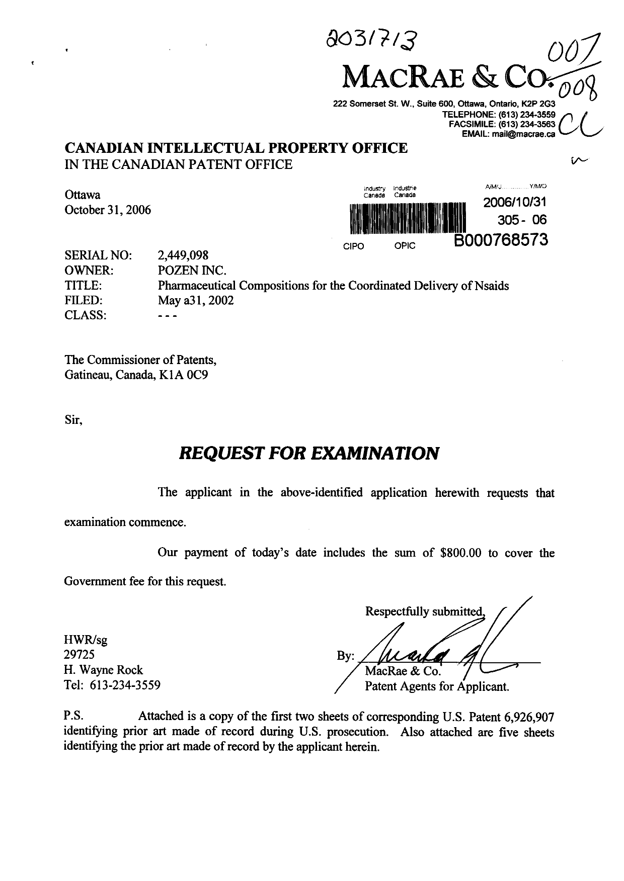 Canadian Patent Document 2449098. Prosecution-Amendment 20061031. Image 1 of 1