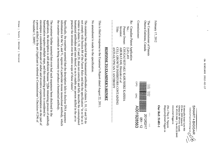 Canadian Patent Document 2451493. Prosecution-Amendment 20120217. Image 1 of 4