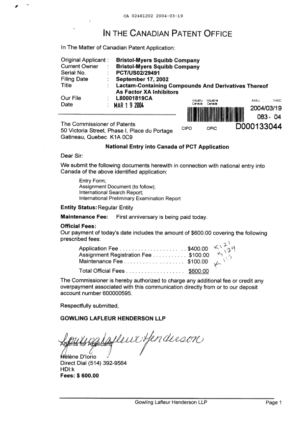 Canadian Patent Document 2461202. Assignment 20040319. Image 1 of 3