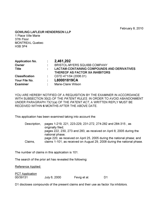 Canadian Patent Document 2461202. Prosecution-Amendment 20100208. Image 1 of 2
