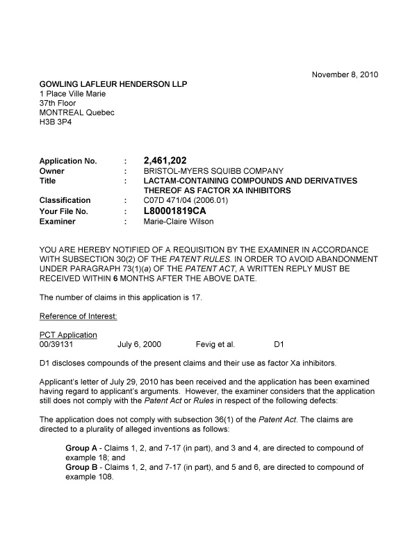 Canadian Patent Document 2461202. Prosecution-Amendment 20101108. Image 1 of 2