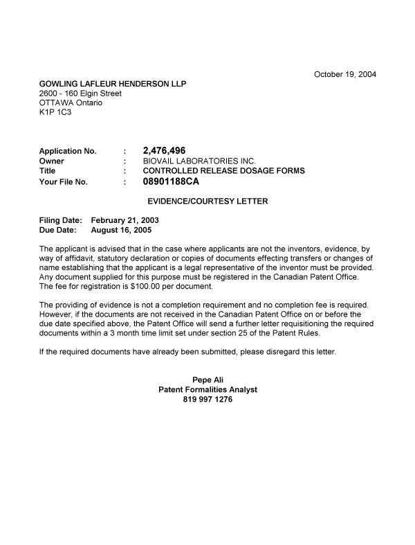 Document de brevet canadien 2476496. Correspondance 20041016. Image 1 de 1
