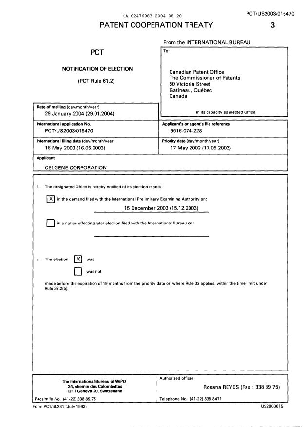 Document de brevet canadien 2476983. PCT 20040820. Image 1 de 9