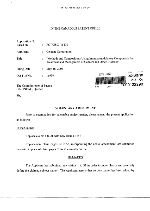 Document de brevet canadien 2476983. Poursuite-Amendment 20040820. Image 1 de 6