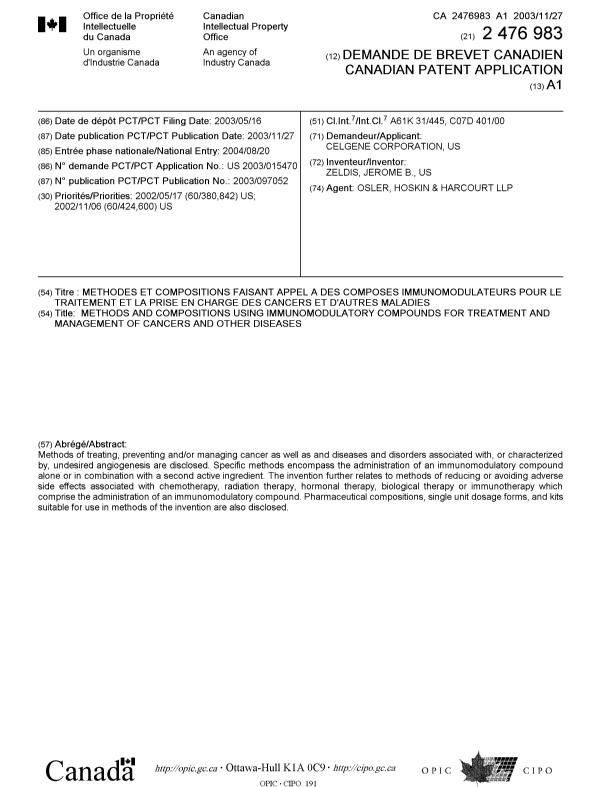 Document de brevet canadien 2476983. Page couverture 20041025. Image 1 de 1