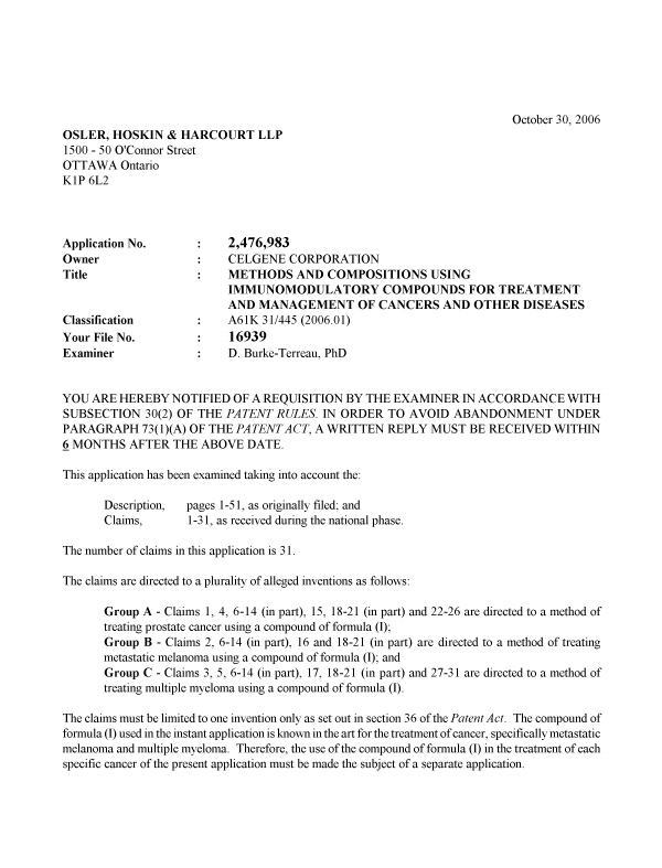 Document de brevet canadien 2476983. Poursuite-Amendment 20061030. Image 1 de 5