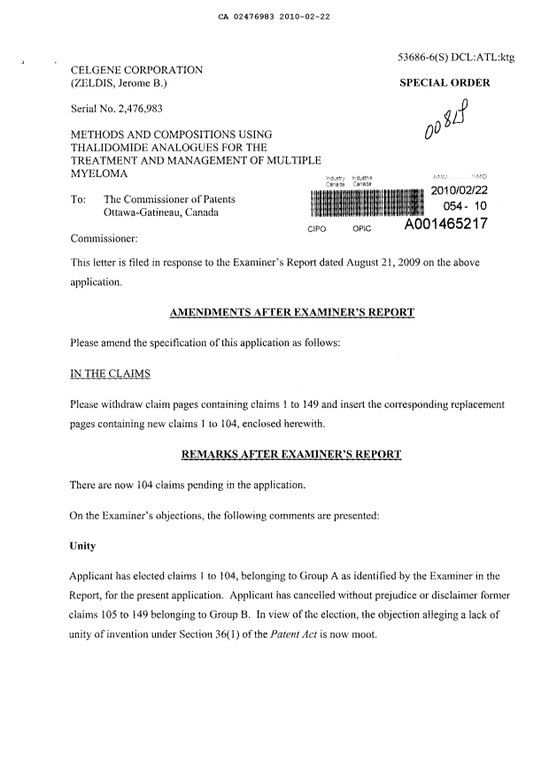 Document de brevet canadien 2476983. Poursuite-Amendment 20100222. Image 1 de 26