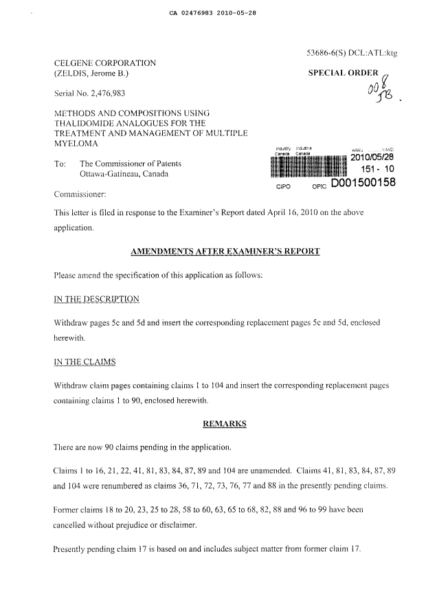 Document de brevet canadien 2476983. Poursuite-Amendment 20100528. Image 1 de 19