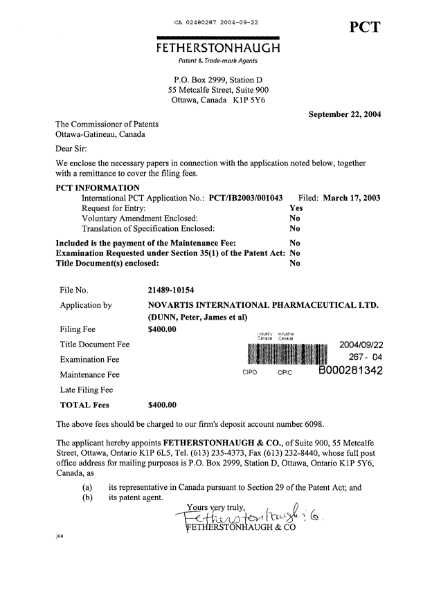 Canadian Patent Document 2480287. Assignment 20040922. Image 1 of 3
