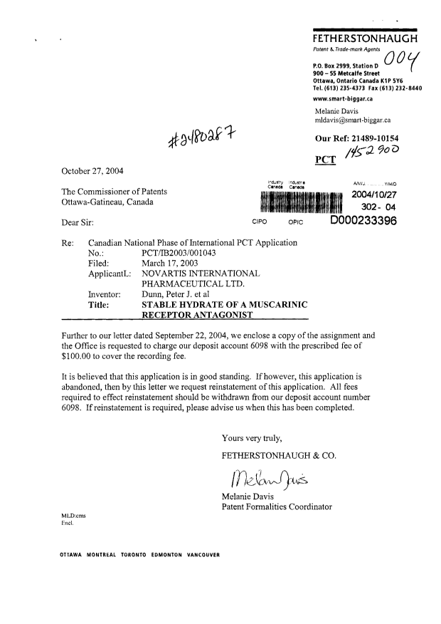 Canadian Patent Document 2480287. Assignment 20041027. Image 1 of 2