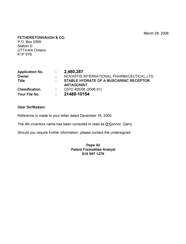Document de brevet canadien 2480287. Correspondance 20060320. Image 1 de 1