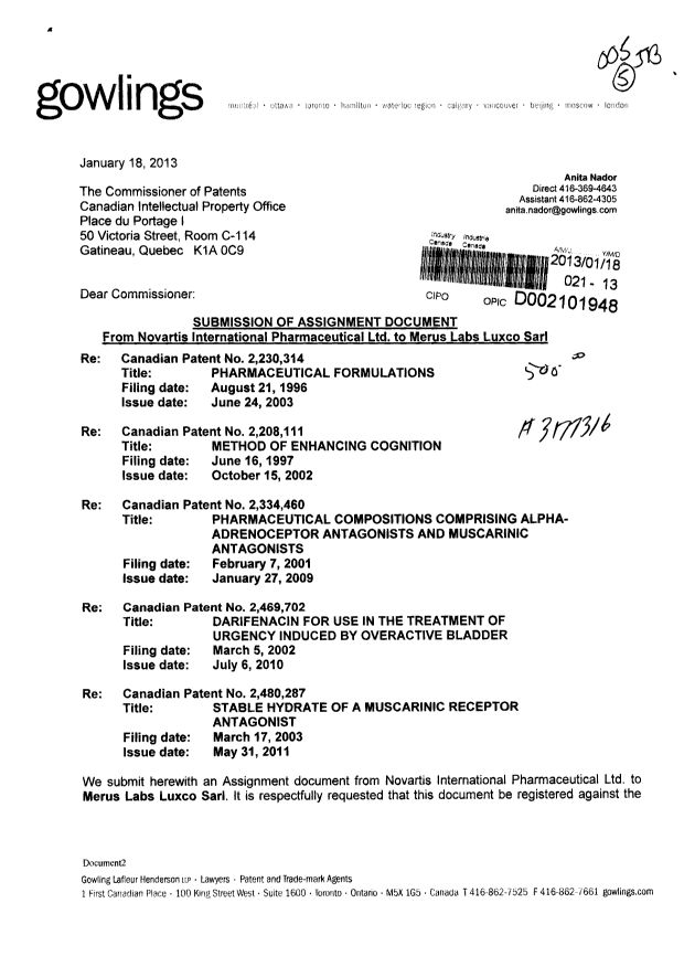 Document de brevet canadien 2480287. Cession 20130118. Image 1 de 15