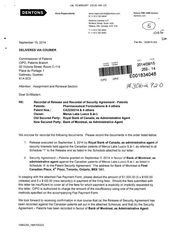 Document de brevet canadien 2480287. Cession 20140915. Image 1 de 13
