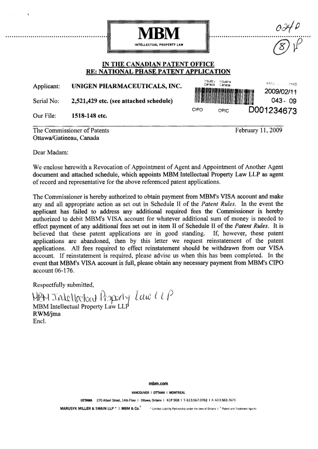 Canadian Patent Document 2484192. Correspondence 20081211. Image 1 of 3