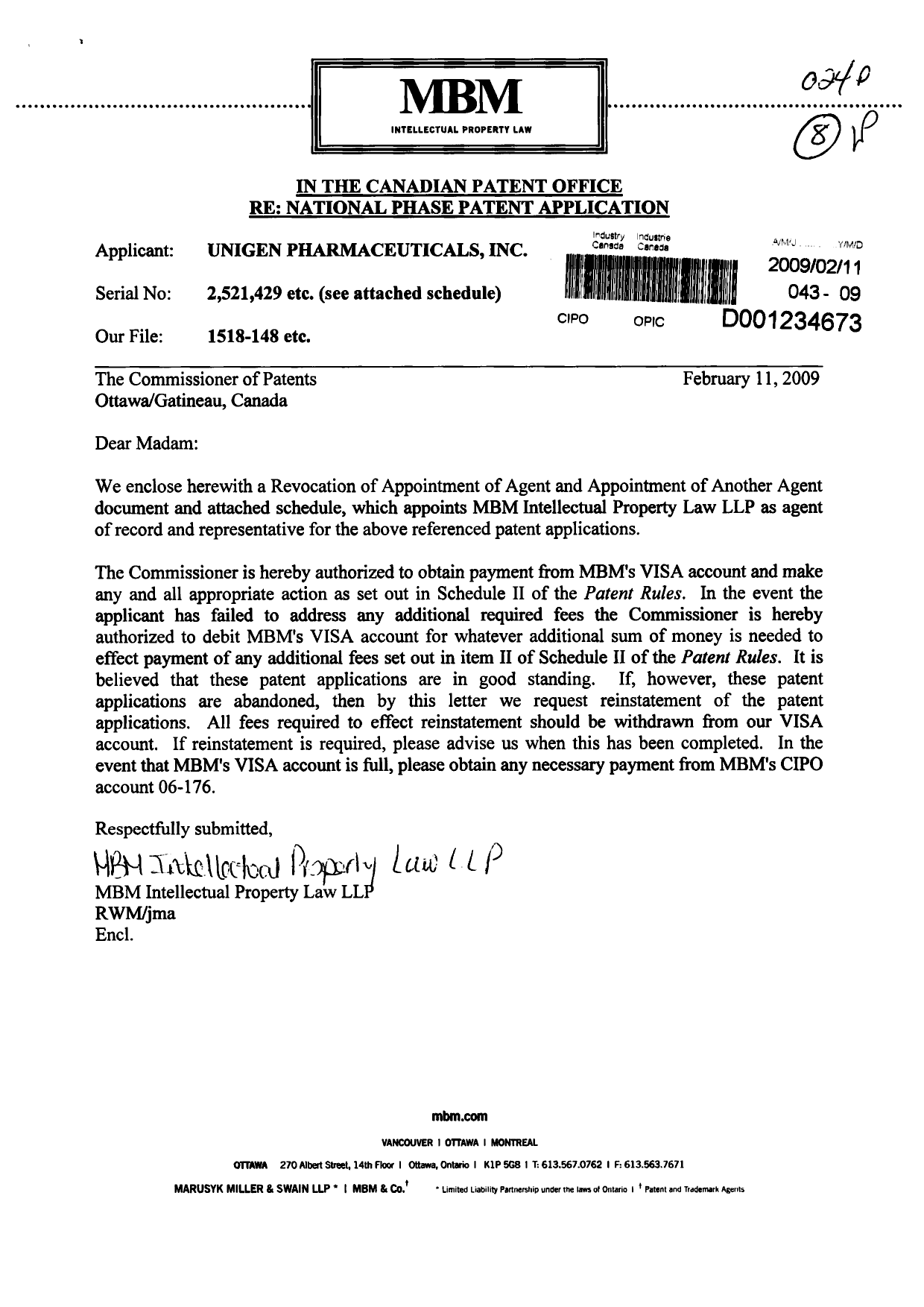 Canadian Patent Document 2484192. Correspondence 20081211. Image 1 of 3