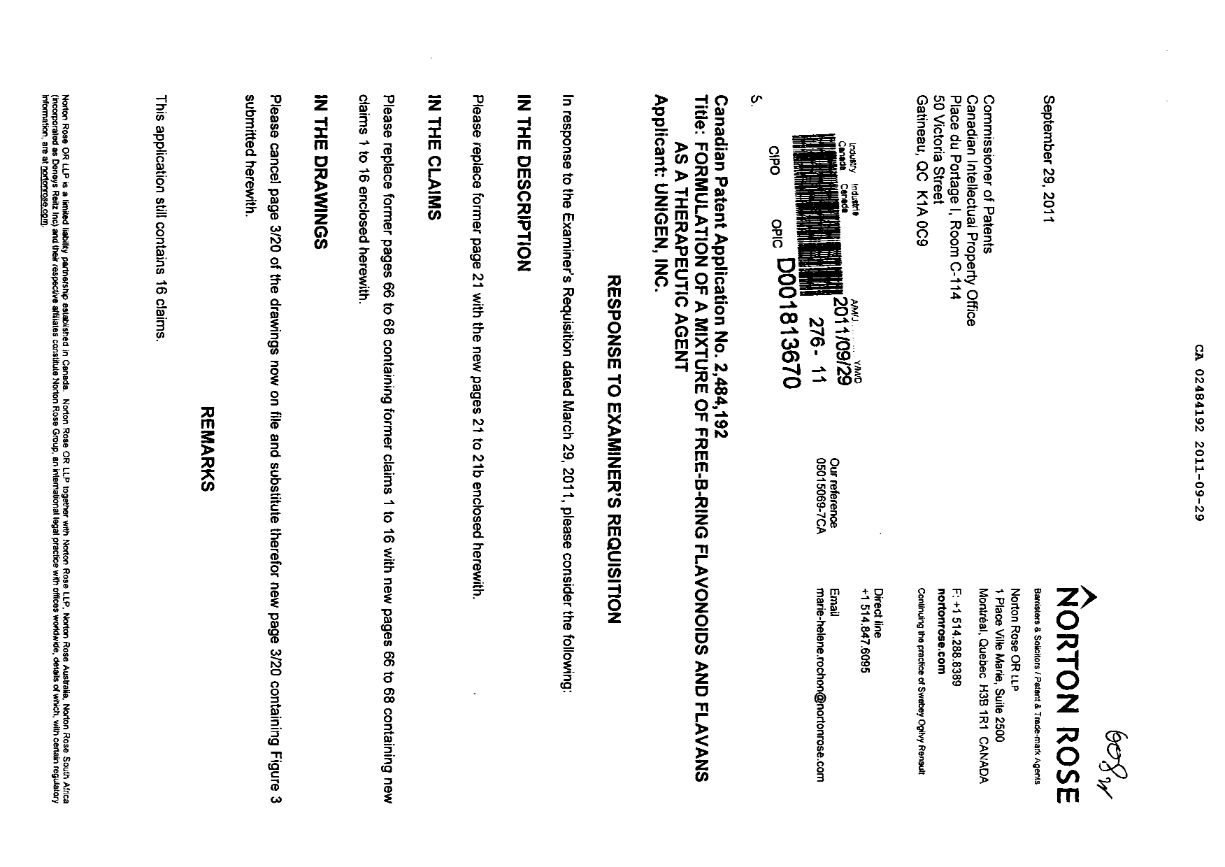 Canadian Patent Document 2484192. Prosecution-Amendment 20101229. Image 1 of 14