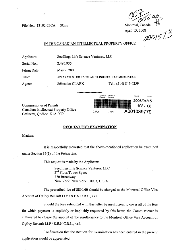 Canadian Patent Document 2486935. Prosecution-Amendment 20071215. Image 1 of 3