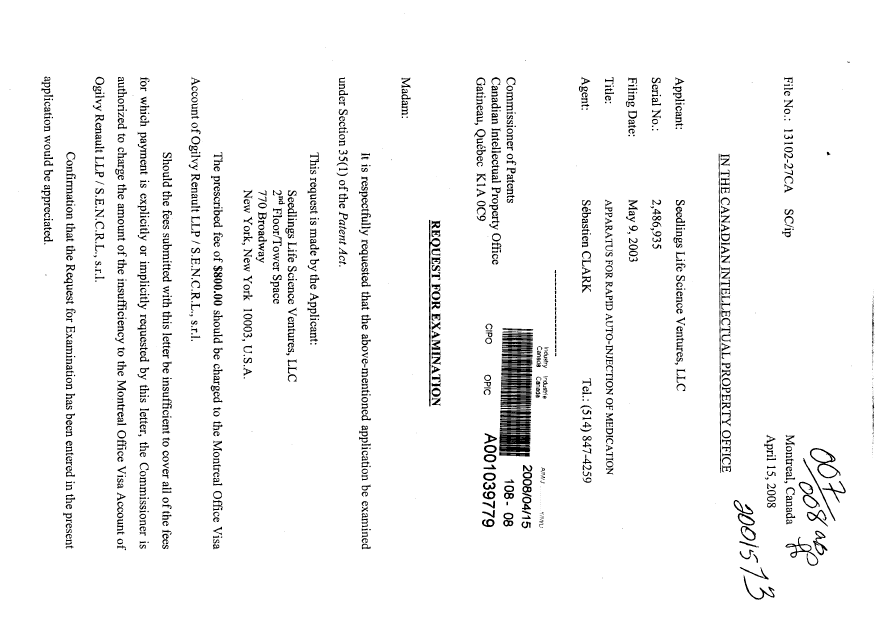 Document de brevet canadien 2486935. Poursuite-Amendment 20071215. Image 1 de 3