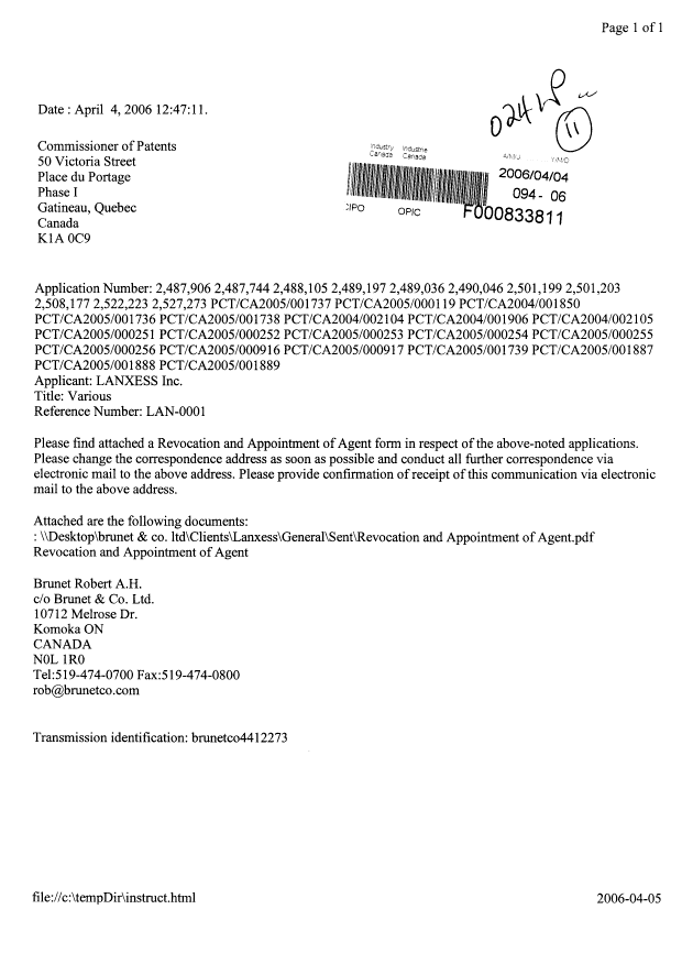 Document de brevet canadien 2490046. Correspondance 20051204. Image 1 de 3