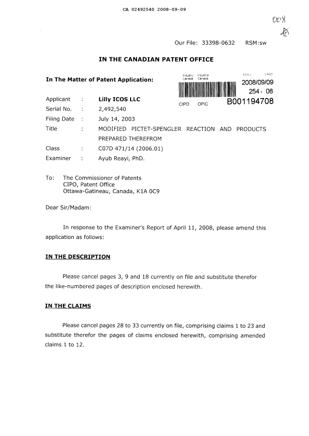 Canadian Patent Document 2492540. Prosecution-Amendment 20080909. Image 1 of 9