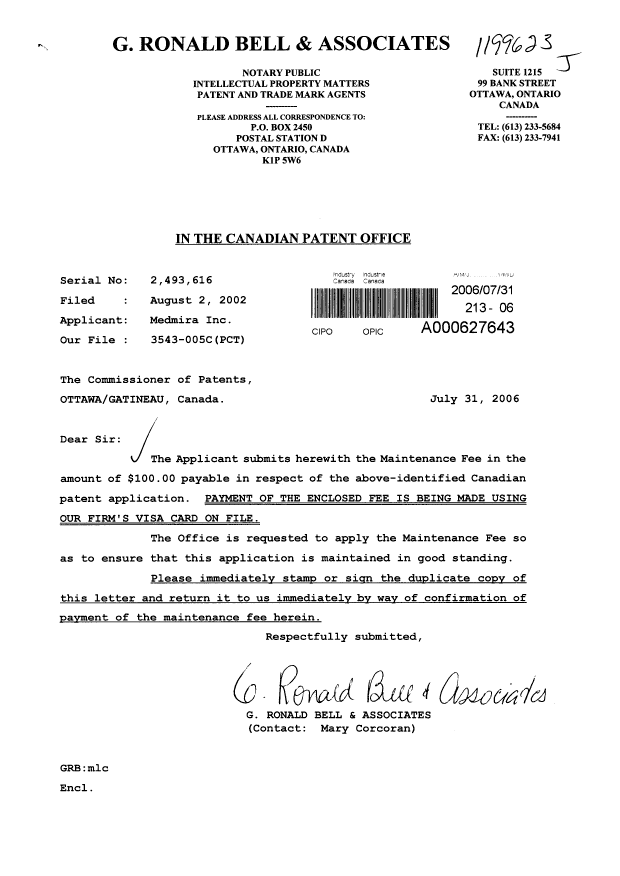 Document de brevet canadien 2493616. Taxes 20060731. Image 1 de 1