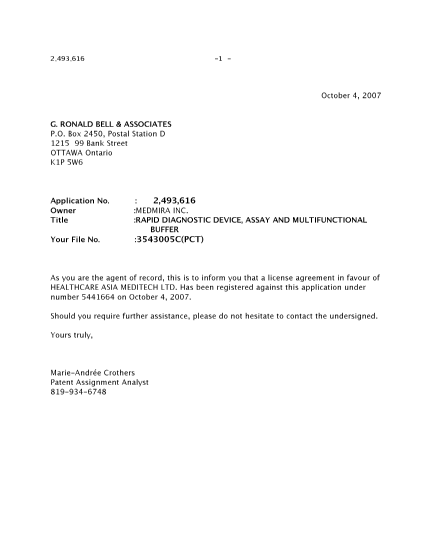 Document de brevet canadien 2493616. Correspondance 20071004. Image 1 de 1