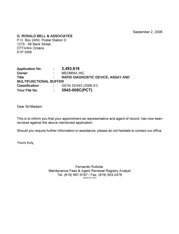 Document de brevet canadien 2493616. Correspondance 20080902. Image 1 de 1