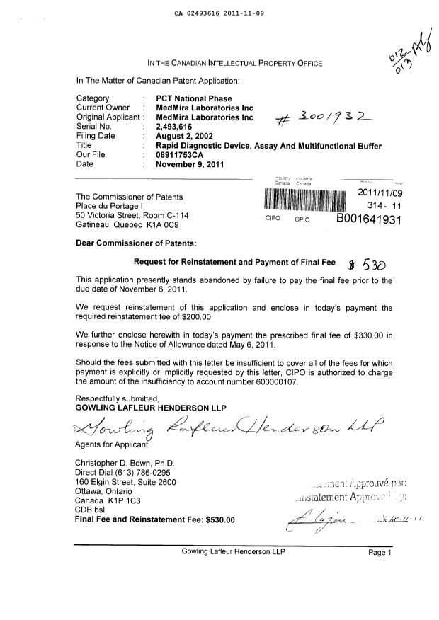 Document de brevet canadien 2493616. Poursuite-Amendment 20111109. Image 1 de 1