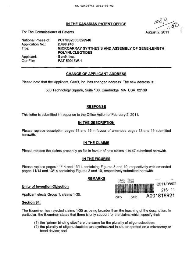 Document de brevet canadien 2498746. Correspondance 20110802. Image 1 de 4