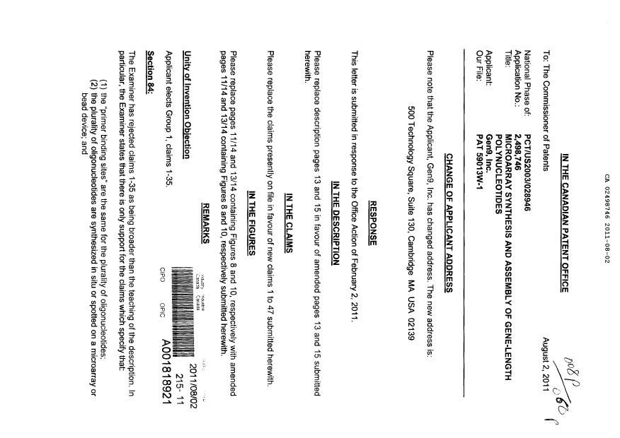 Canadian Patent Document 2498746. Correspondence 20110802. Image 1 of 4