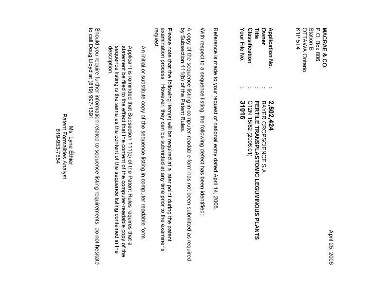Canadian Patent Document 2502424. Correspondence 20060420. Image 1 of 1
