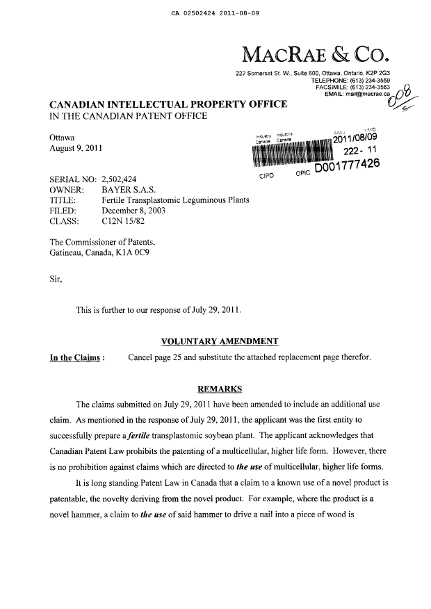 Document de brevet canadien 2502424. Poursuite-Amendment 20110809. Image 1 de 3