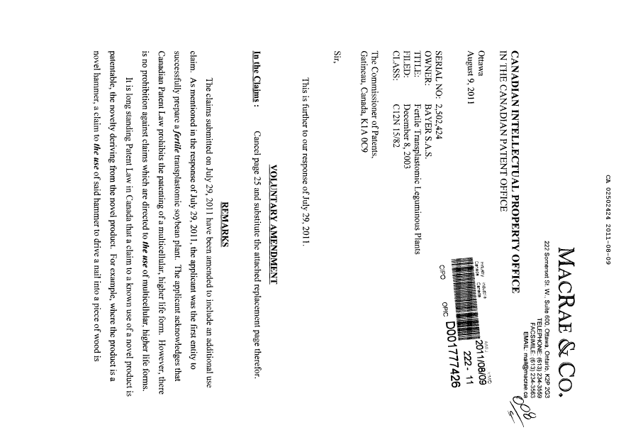 Canadian Patent Document 2502424. Prosecution-Amendment 20110809. Image 1 of 3
