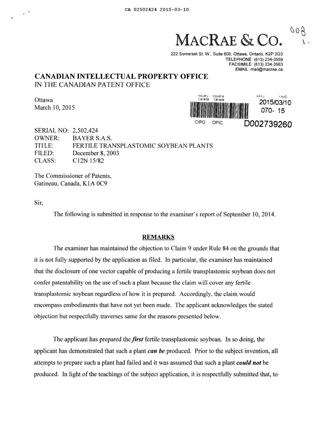 Document de brevet canadien 2502424. Poursuite-Amendment 20150310. Image 1 de 2