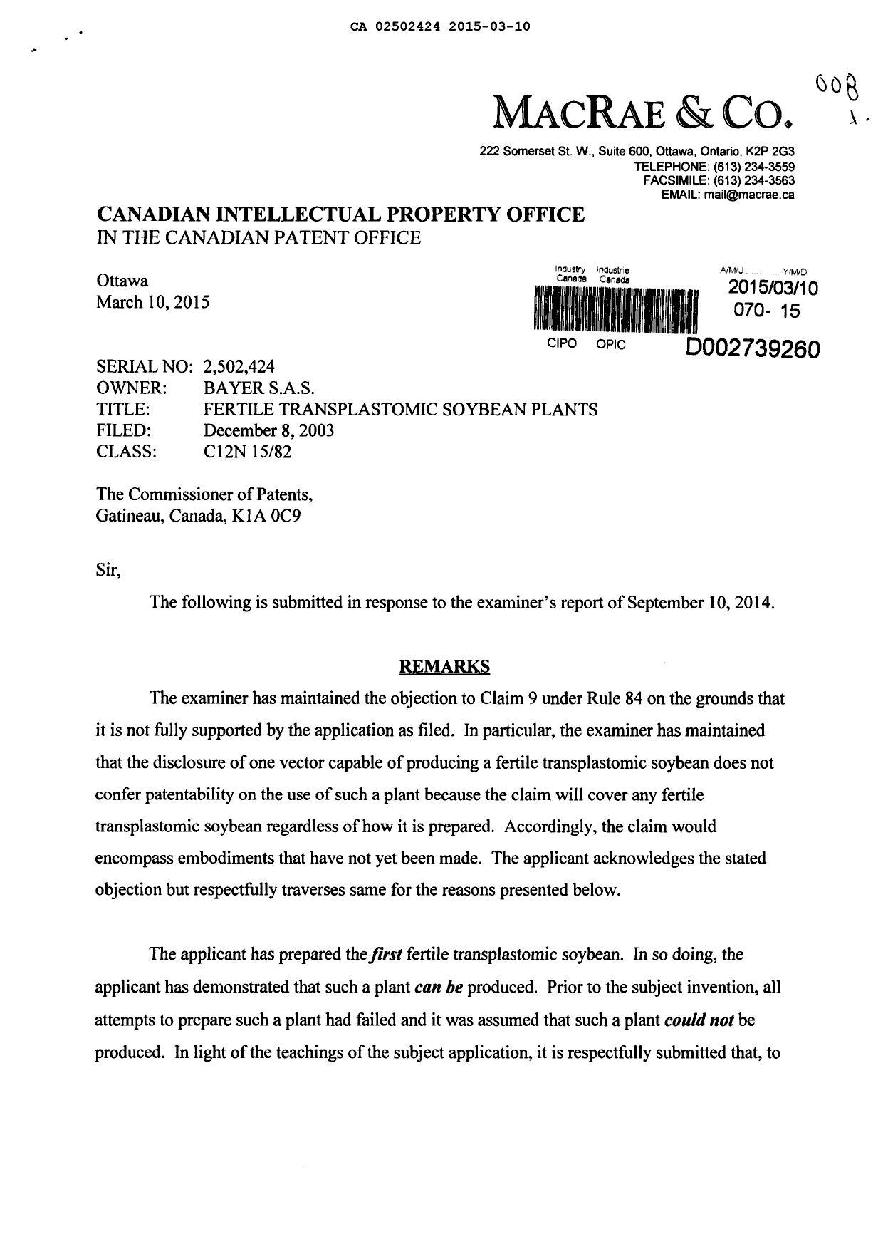 Canadian Patent Document 2502424. Prosecution-Amendment 20150310. Image 1 of 2