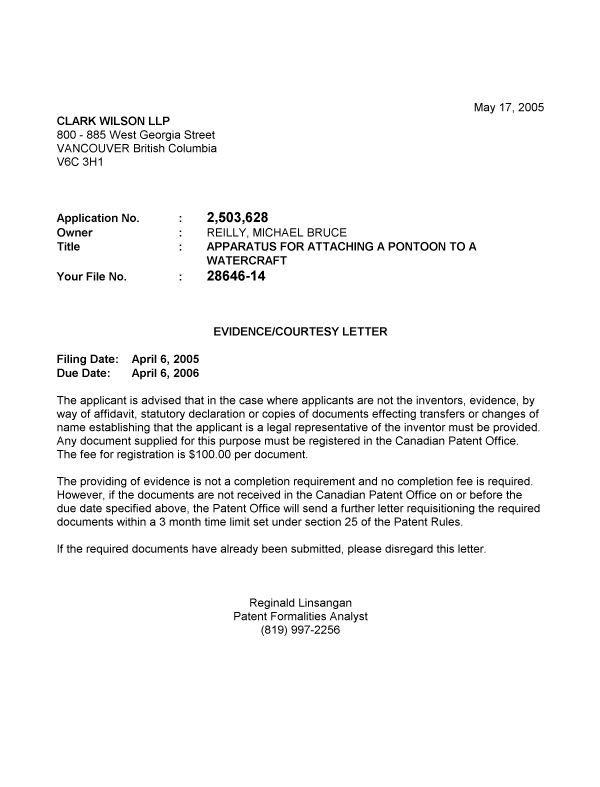Canadian Patent Document 2503628. Correspondence 20050512. Image 1 of 1