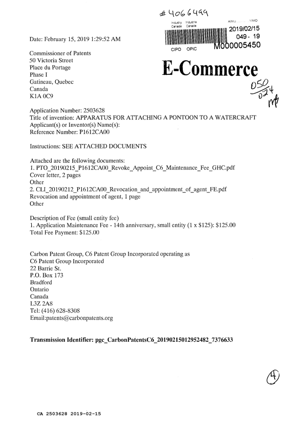 Document de brevet canadien 2503628. Changement de nomination d'agent 20190215. Image 1 de 4