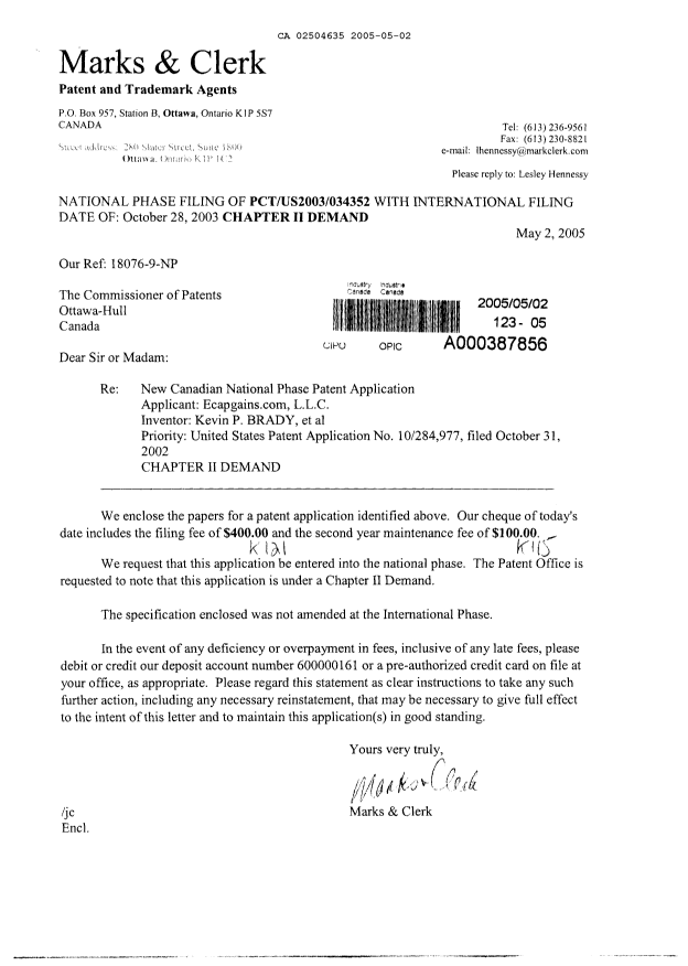 Document de brevet canadien 2504635. Cession 20050502. Image 1 de 2