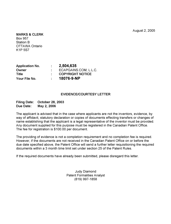 Document de brevet canadien 2504635. Correspondance 20050726. Image 1 de 1