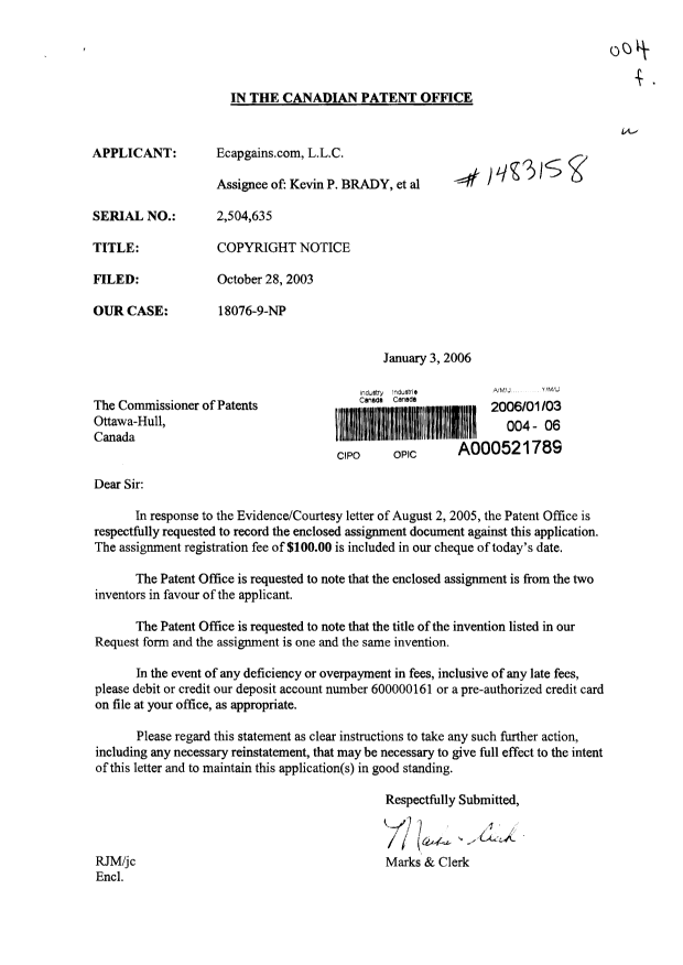 Document de brevet canadien 2504635. Cession 20060103. Image 1 de 7