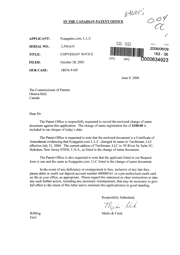 Document de brevet canadien 2504635. Cession 20060609. Image 1 de 5