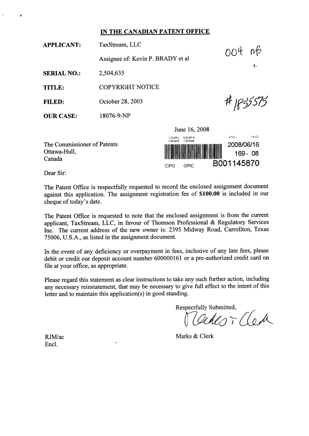 Document de brevet canadien 2504635. Cession 20080616. Image 1 de 7