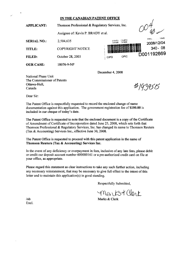 Document de brevet canadien 2504635. Cession 20081204. Image 1 de 3